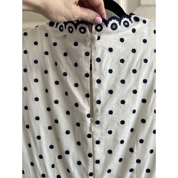 BODEN Kimberly Navy White Polka Dot Embroidered Scallop Trim Midi Dress Sz 6R - Picture 9 of 14